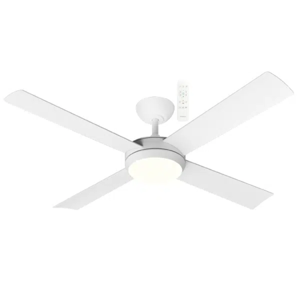 Martec Quantum DC 1220mm All ABS 4 Fast Fix Blade Remote Control Ceiling Fan With 24W Dimmable Tricolour LED Light Matt White