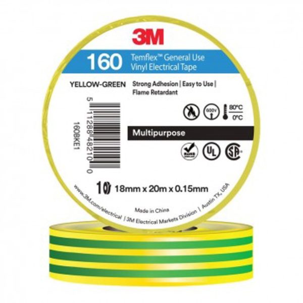 Repelec TAPE, VINYL ELECTRICAL 160 TEMFLEX, GRN/YEL, 18mm x 20m